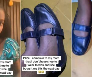 Lady grumbles as she shows off shoe her mom got for her