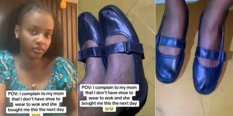 Lady grumbles as she shows off shoe her mom got for her
