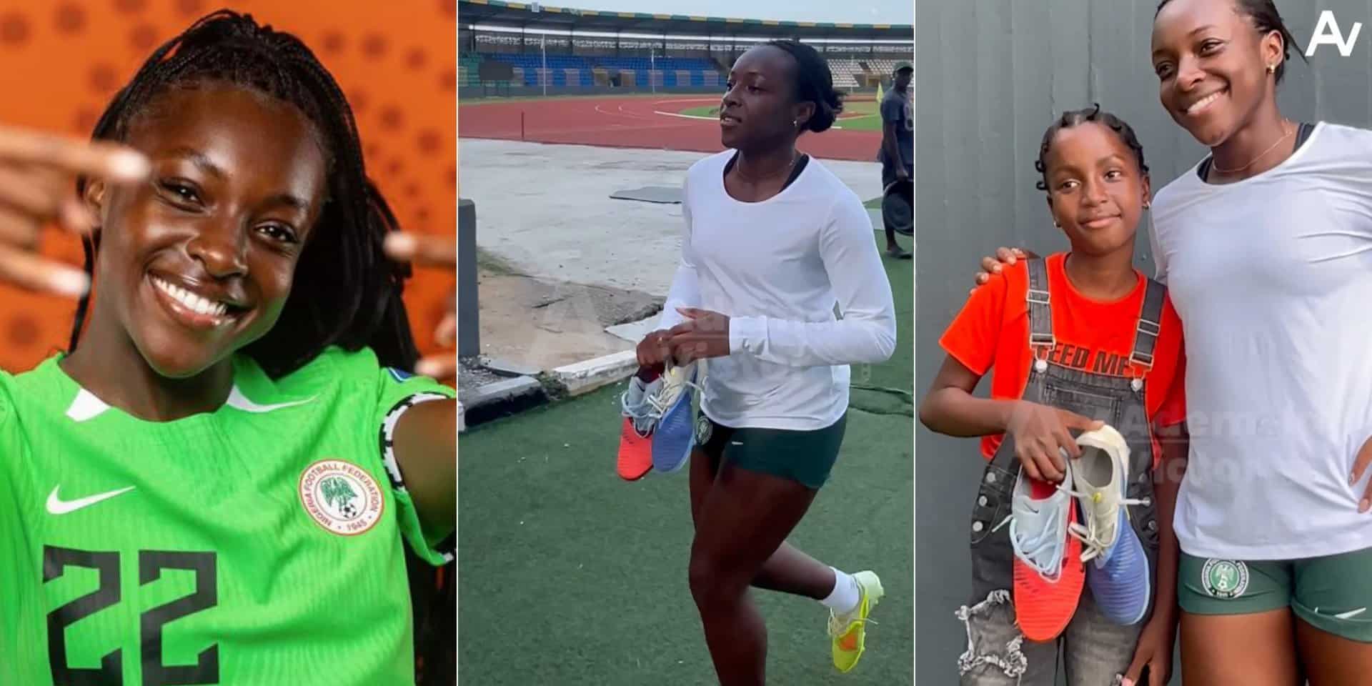 Adorable moment Michelle Alozie gifts young fan her boots