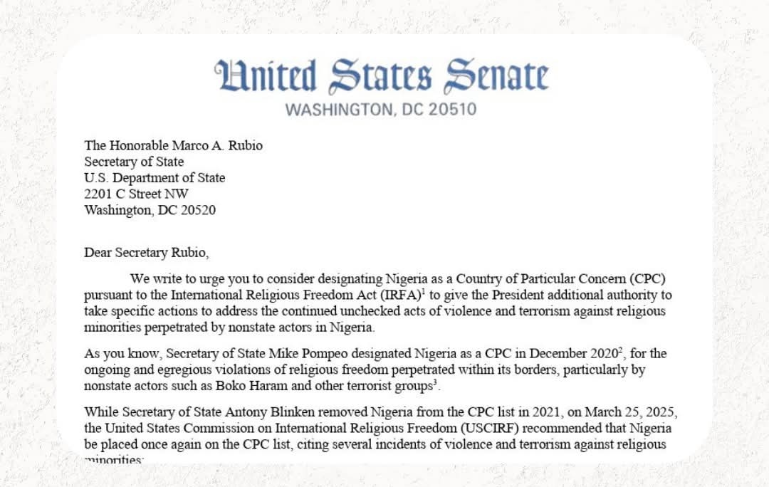 U.S. Senators Call For Nigeria To Be Re-Designated As “Country Of Particular Concern” Over Terrorist Killings