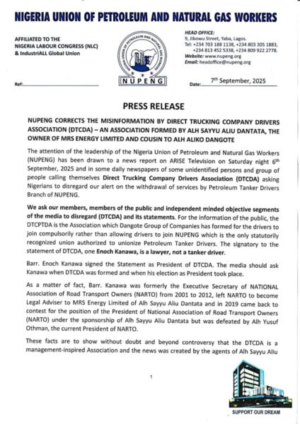 BREAKING: Dangote-Backed New Trucking Company Writes NUPENG, Says Drivers Reject Union Membership