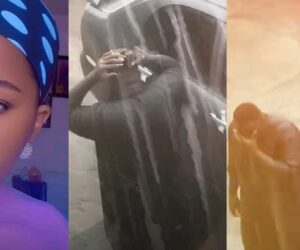 Woman reacts after spotting her husband praying in rain