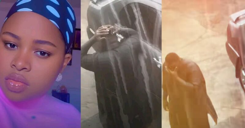 Woman reacts after spotting her husband praying in rain
