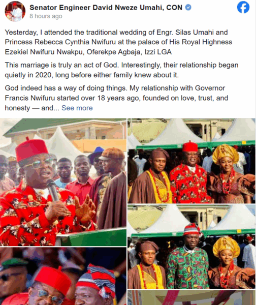 Minister of Works Dave Umahi’s brother marries Ebonyi Governor Nwifuru’s sister
