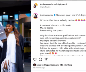 Actress Jemima Osunde bags degree from UK university