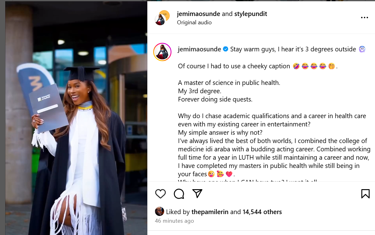 Actress Jemima Osunde bags degree from UK university