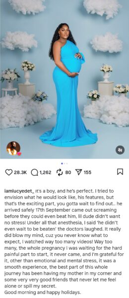 “I was waiting for the hard painful part to start, it never came” BBNaija star Lucy Edet shares pregnancy story as she welcomes baby boy