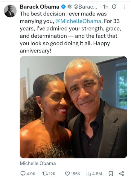“The best decision I ever made was marrying you” Barack Obama sings wife Michelle Obama’s praise on their 33rd wedding anniversary