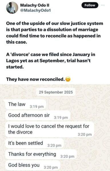 Nigerian lawyer shares message from client to show one of the advantages of a slow justice system