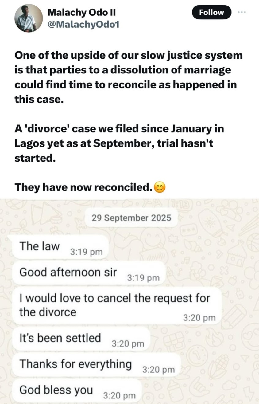 Nigerian lawyer shares message from client to show one of the advantages of a slow justice system