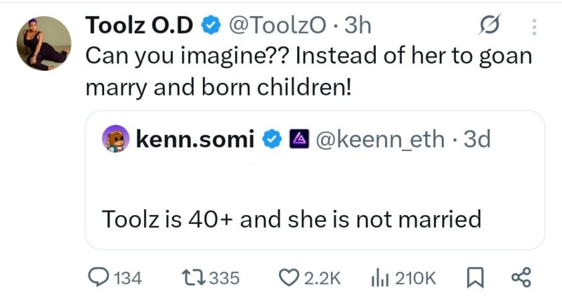 Media personality, Toolz responds to age-shamer who claimed she’s unmarried at 40+