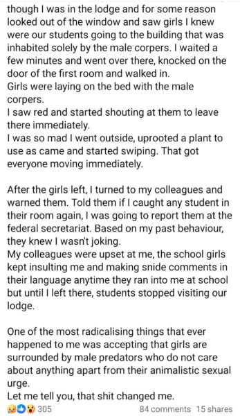 Woman shares observation between male corps members and female students that radicalised her when she was serving