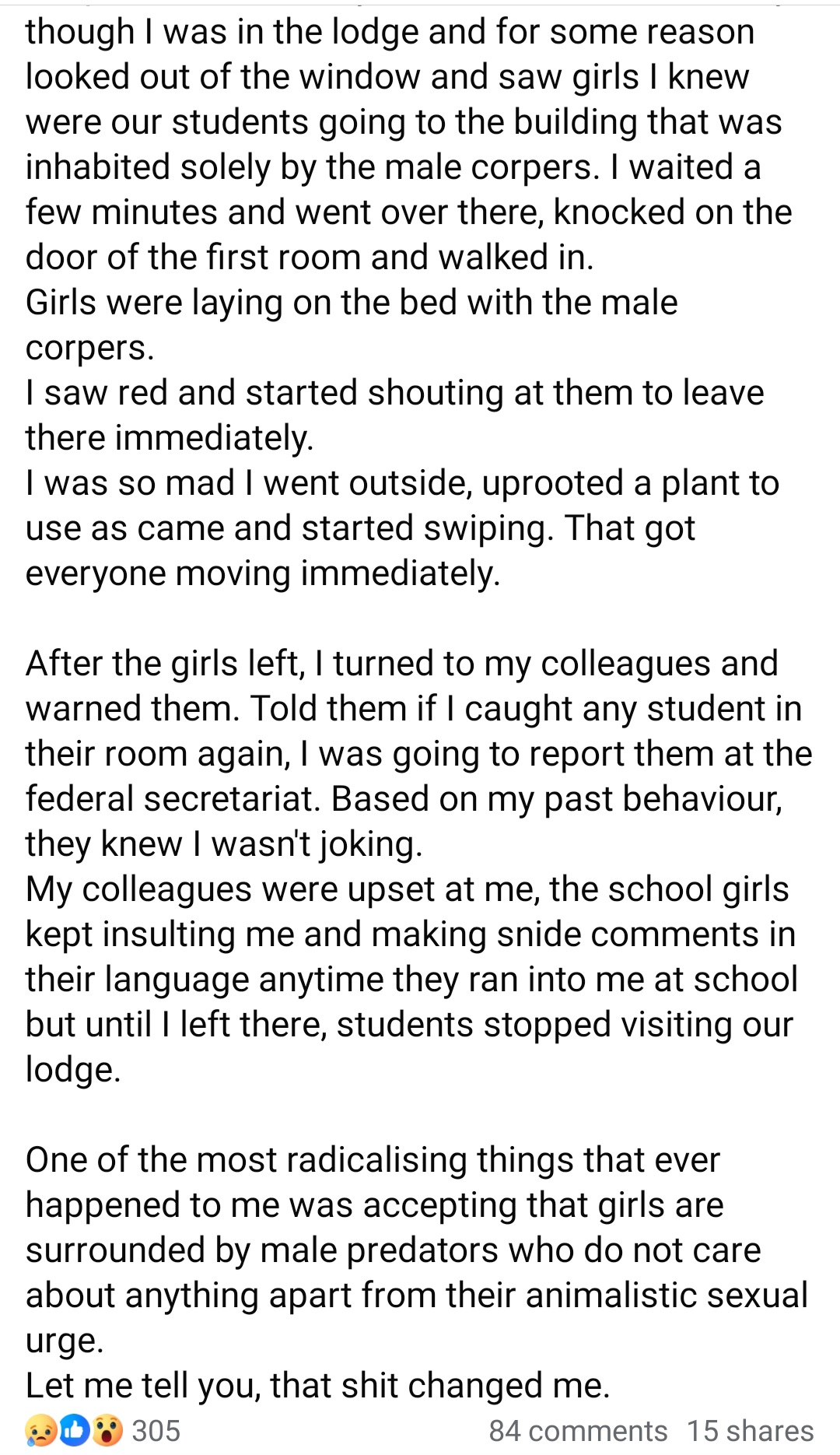 Woman shares observation between male corps members and female students that radicalised her when she was serving