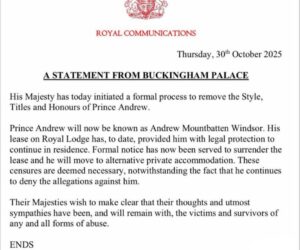 Prince Andrew stripped of ‘prince’ title and will have to move out of Royal Lodge
