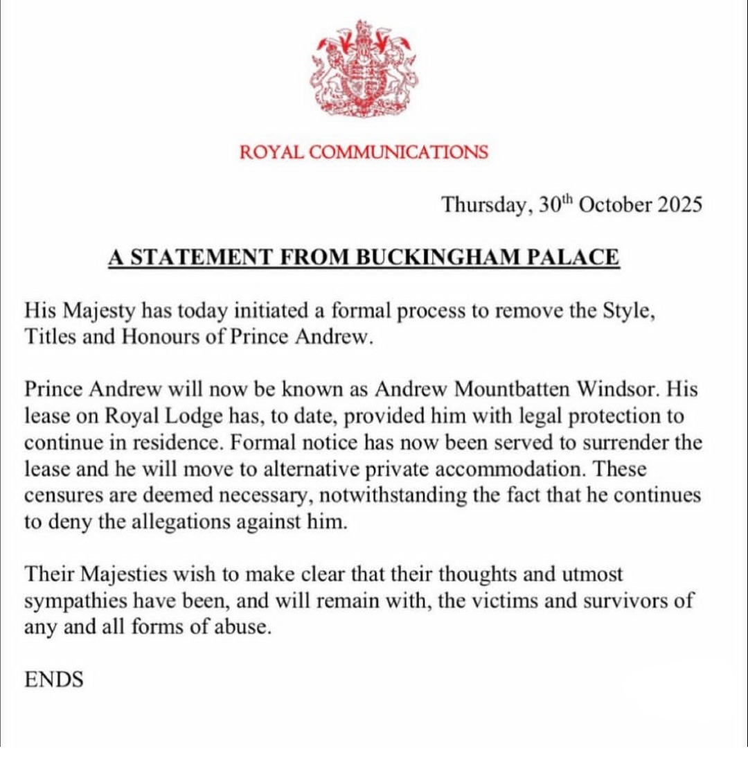 Prince Andrew stripped of ‘prince’ title and will have to move out of Royal Lodge