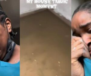 Lady breaks down is tears as rain floods her newly rented apartment shortly after painting