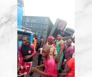 Two killed inside tricycle as container falls off trailer