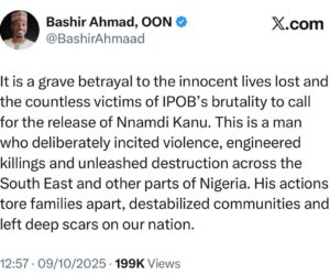It is a grave betrayal to the countless victims of IPOB’s brutality to call for the release of Nnamdi Kanu