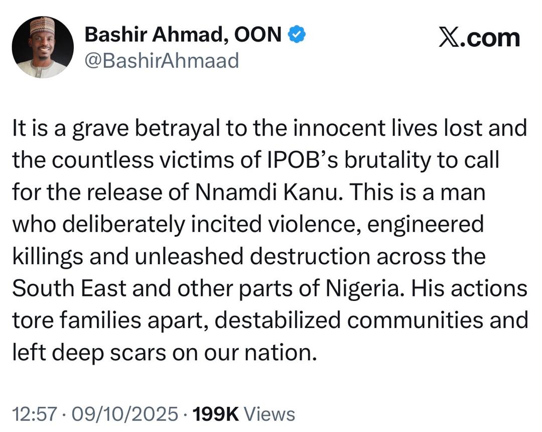 It is a grave betrayal to the countless victims of IPOB’s brutality to call for the release of Nnamdi Kanu