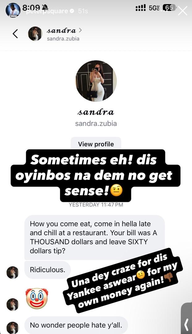 Singer Peter Okoye reacts after a waitress in a US restaurant slid into his DM over the ‘small’ tip he left behind