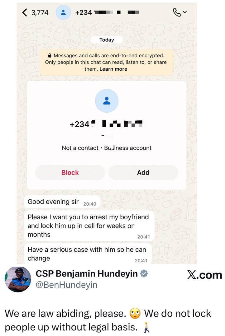 Police spokesperson, Ben Hundeyin, reacts after an aggrieved girlfriend sent him a text demanding the arrest of her boyfriend