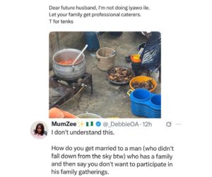 ”Do you even love him at all?’- popular X user, Mummy Zee, knocks married women who vow never to join their husband’s family in cooking during any ceremony