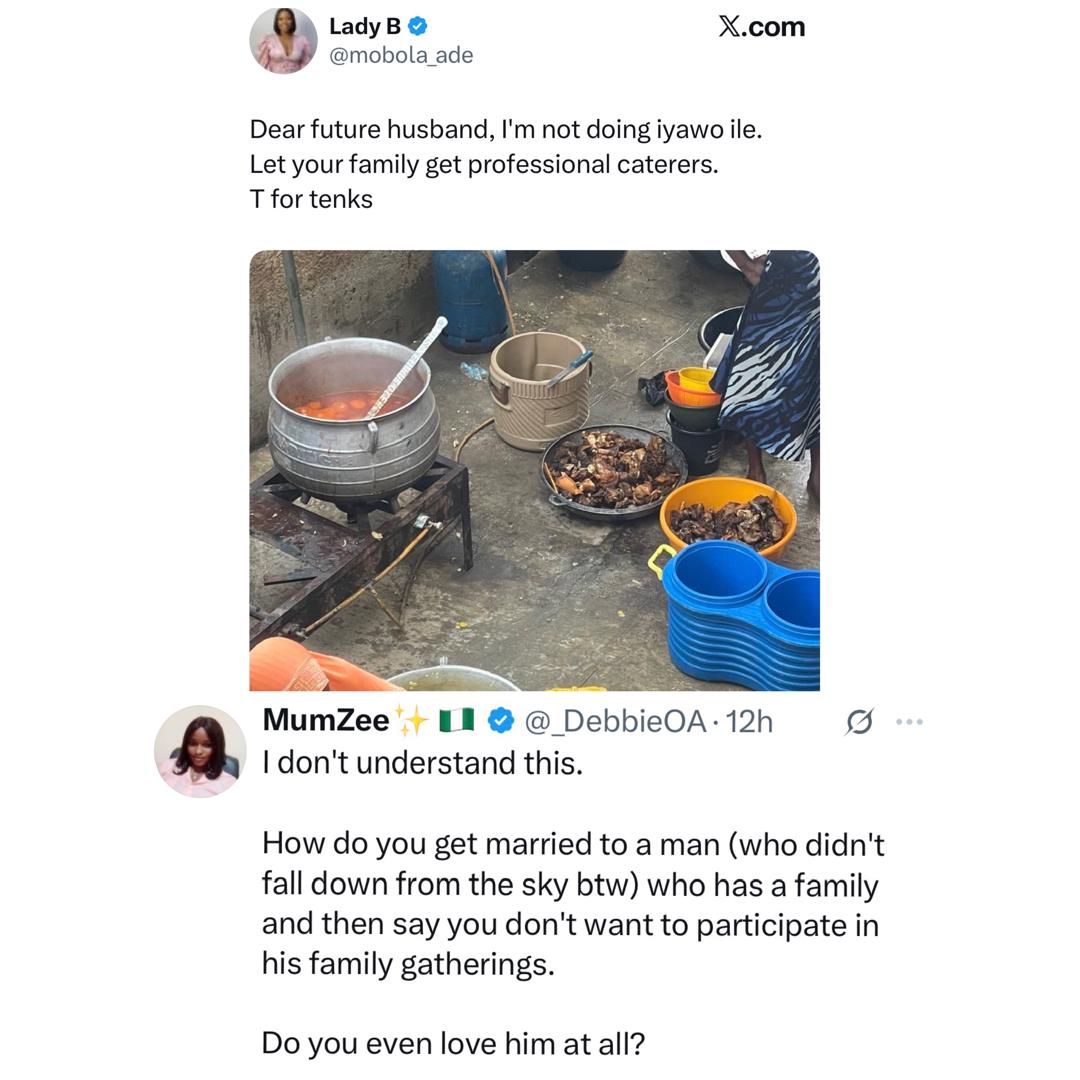 ”Do you even love him at all?’- popular X user, Mummy Zee, knocks married women who vow never to join their husband’s family in cooking during any ceremony