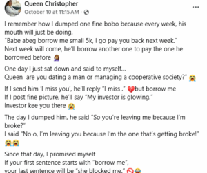 Nigerian woman reveals she dumped her fine boyfriend for always begging her for money