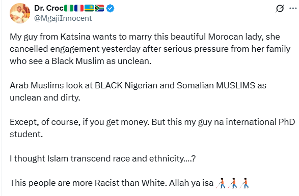 Moroccan woman calls off her engagement to Nigerian fiancé over her family who sees black Muslims as ‘unclean’