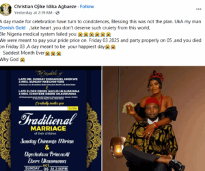 Nigerian woman d!es two days to her traditional wedding after complaining of chest pain