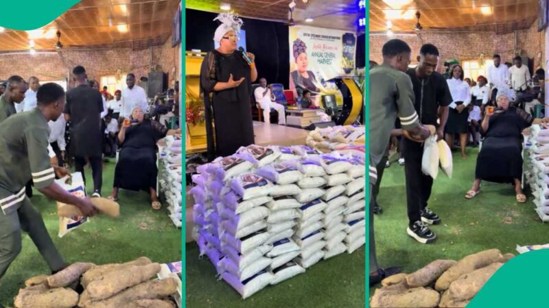 Video: Prophetess Distributes Bags of Rice and Yams to Her Church Members, Nigerians React