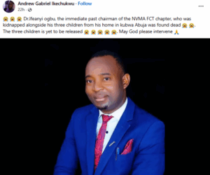 Gunmen kill Veterinary doctor in Abuja, kidnap his 3 children