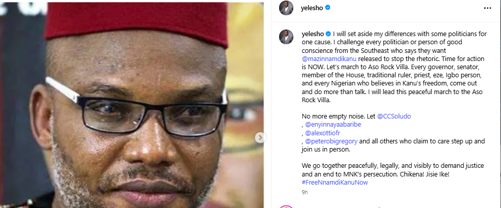 Stop the rhetoric. Let’s march to Aso Rock Villa to demand for Nnamdi Kanu’s release