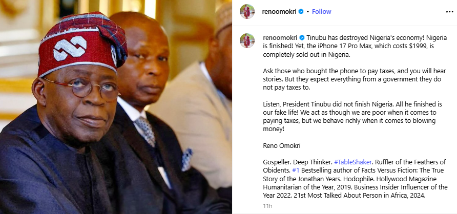 Tinubu has destroyed Nigeria’s economy Yet, the iPhone 17 is completely sold out in Nigeria- Reno Omokri