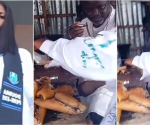 Lady goes viral after making meat seller sign on her graduation shirt, says he treated her nicely in school
