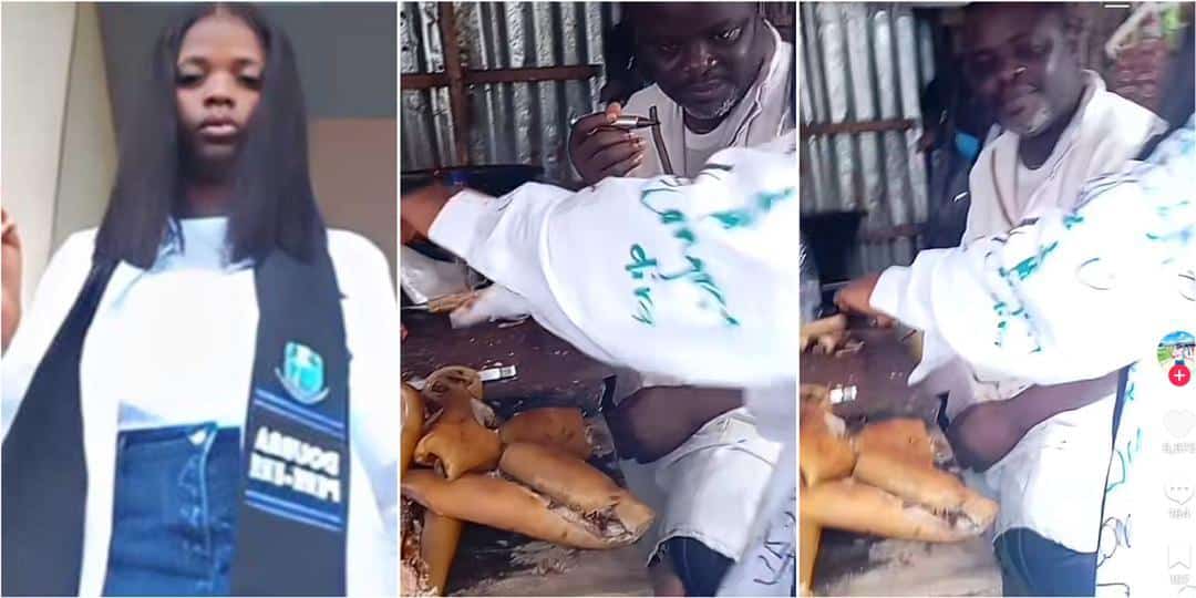 Lady goes viral after making meat seller sign on her graduation shirt, says he treated her nicely in school