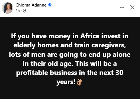 Invest in elderly homes and train caregivers because lots of men are going to end up alone in their old age