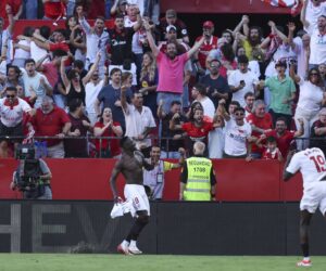 Akor Adams reacts to Sevilla’s thumping victory over Barcelona