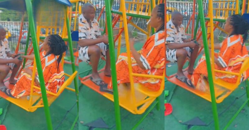 “If e reach your turn” – A lady and her husband decide to play on the swings at their children’s school at the end of a PTA meeting as part of an ongoing TikTok Challenge (WATCH)