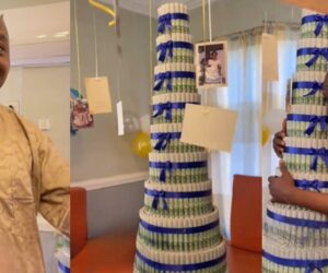 Vendor Shares Emotional Moment Client’s Children Surprised Their Dad With ₦500,000 Money Tower on His Birthday (WATCH)