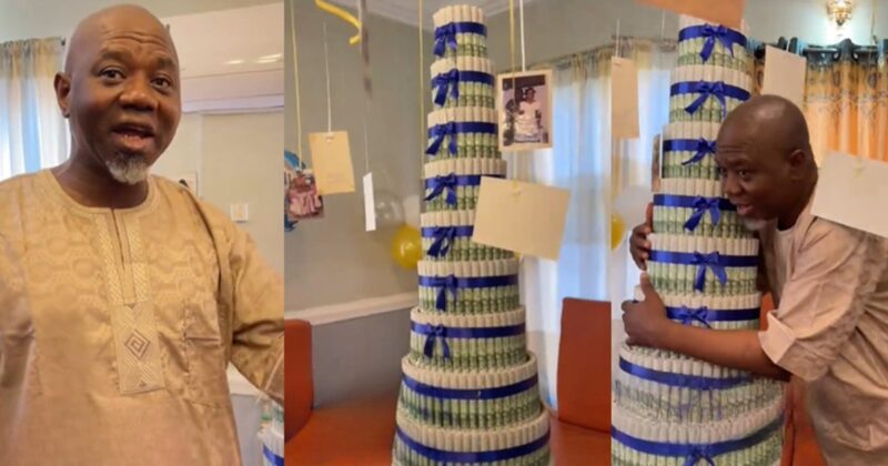 Vendor Shares Emotional Moment Client’s Children Surprised Their Dad With ₦500,000 Money Tower on His Birthday (WATCH)