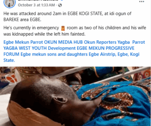 Bandits shoot man, kidnap his wife and two children in Kogi; demand N100m ransom