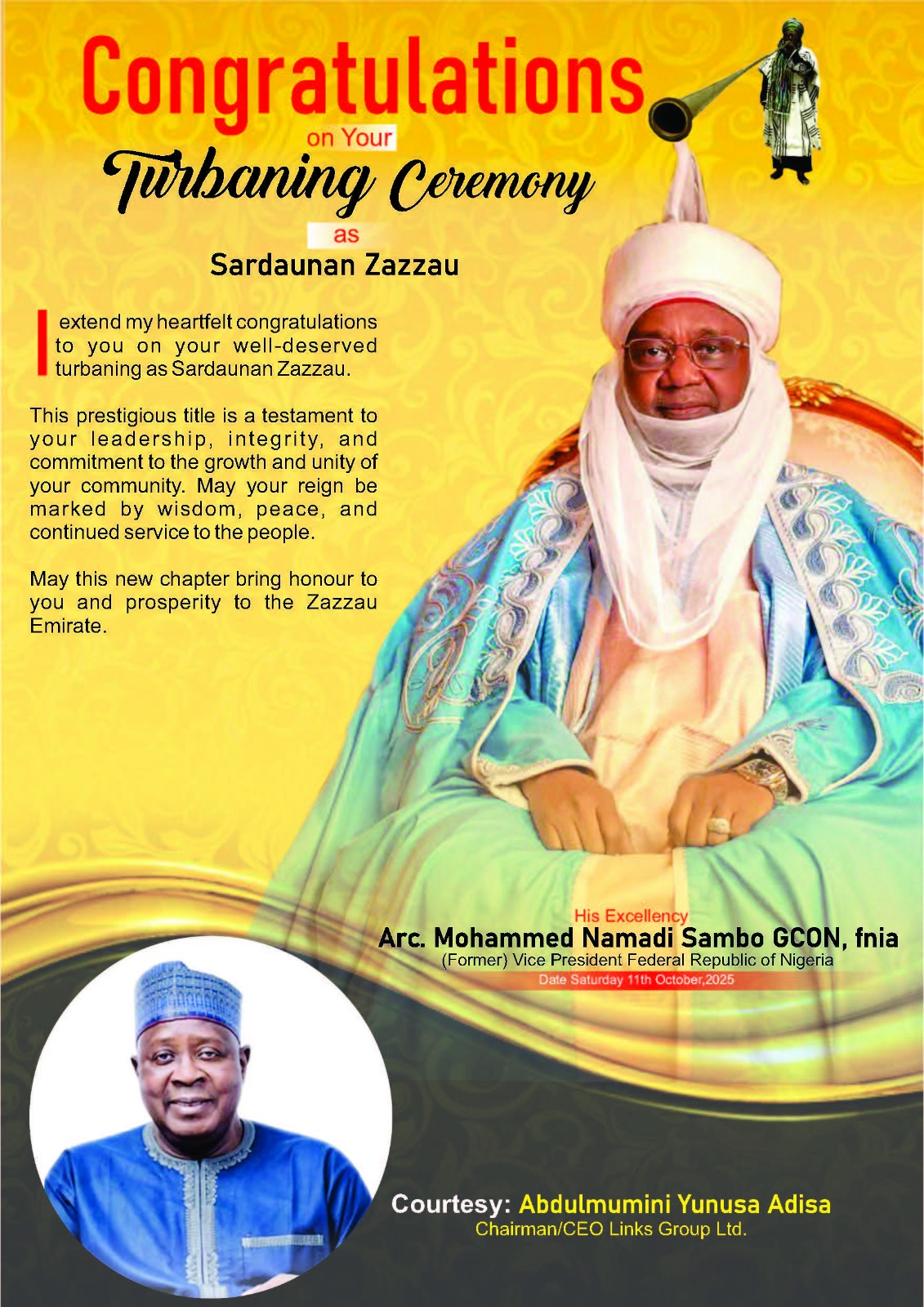 Congratulations On Your Turbaning Ceremony As Sardauna Zazzau