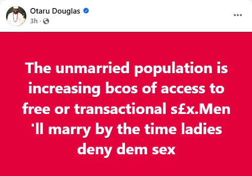 The unmarried population is increasing because of access to free or transactional s3x
