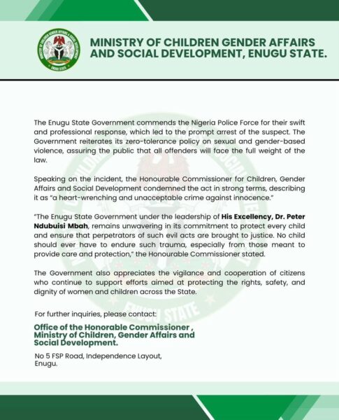 Man arrested for allegedly def!ling his two daughters, aged 2 and 5 in Enugu