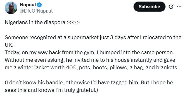 He gave me a winter jacket worth 40Â£, pots, blankets, pillows – UK-based Nigerian man shares fellow Nigerian’s act of kindness
