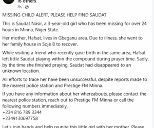 Missing 3-year-old girl found d3ad in soak-away pit in Minna