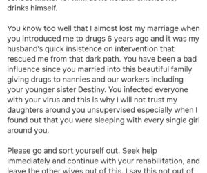 The only reason you are fighting my husband is because he wants you to stop your drug addiction