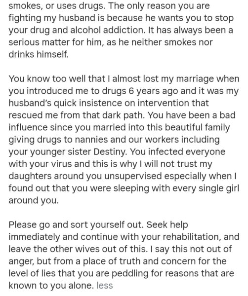 The only reason you are fighting my husband is because he wants you to stop your drug addiction