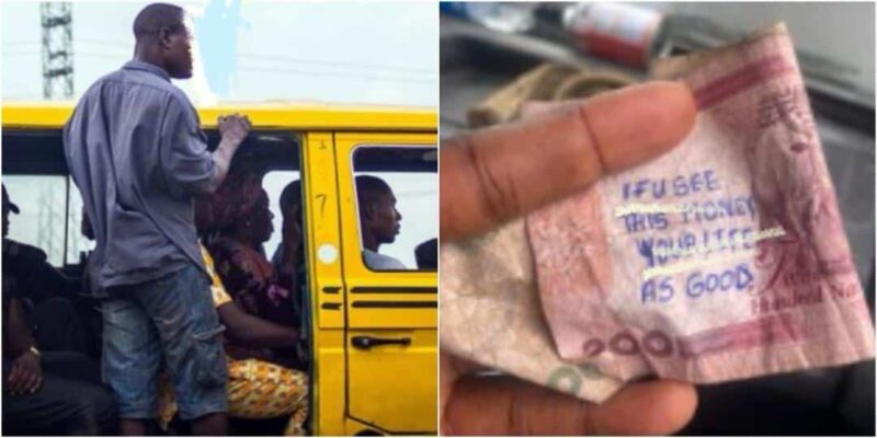 Man who received ₦200 change from conductor shares strange message he saw on note